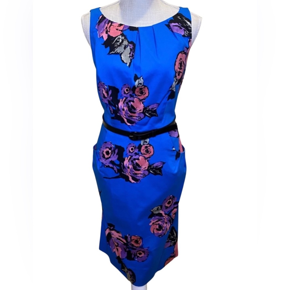 Nine West Floral Print Belted Sleeveless Dress